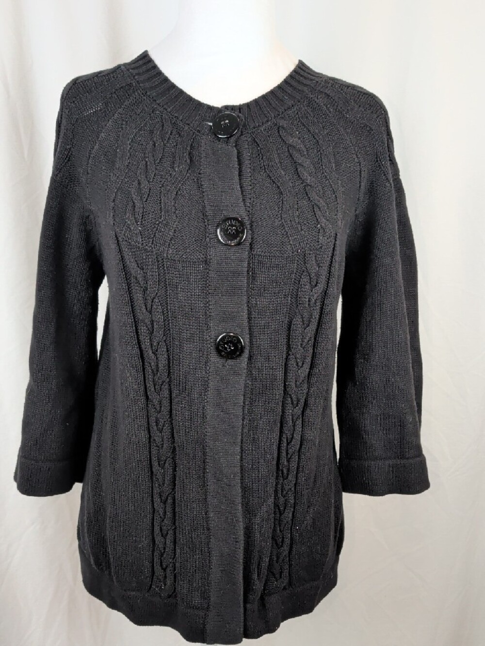Studio by Liz Claiborne Black Cable Knit Cardigan Sweater Button Front S